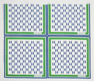 Image features a presidential campaign textile for Hubert H. Humphrey with alternating rows of the letter H enclosed by a green and blue border. Signature of Hubert H. Humphrey is in the bottom right of green border. Each square meant to be cut to make a campaign scarf. Please scroll down to read the blog post about this object.