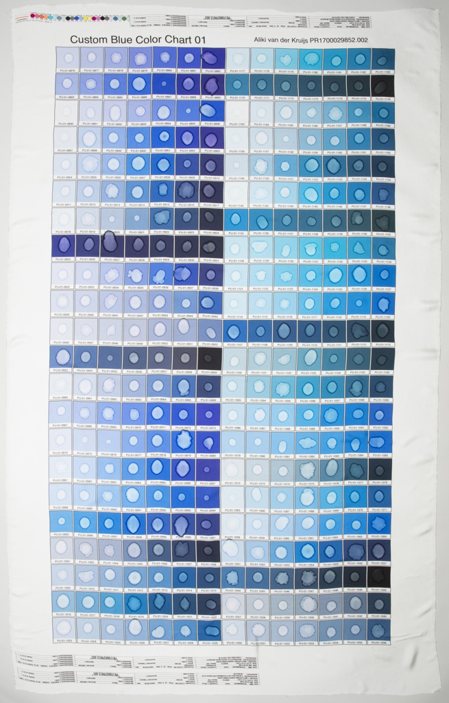 A tall rectangular color blanket shows a grid of blue tones, ranging from deep blue to very pale. Each square in the grid contains the marking of a raindrop. The blanket is labeled Custom Blue Color Chart 01 - Aliki van der Kruijs