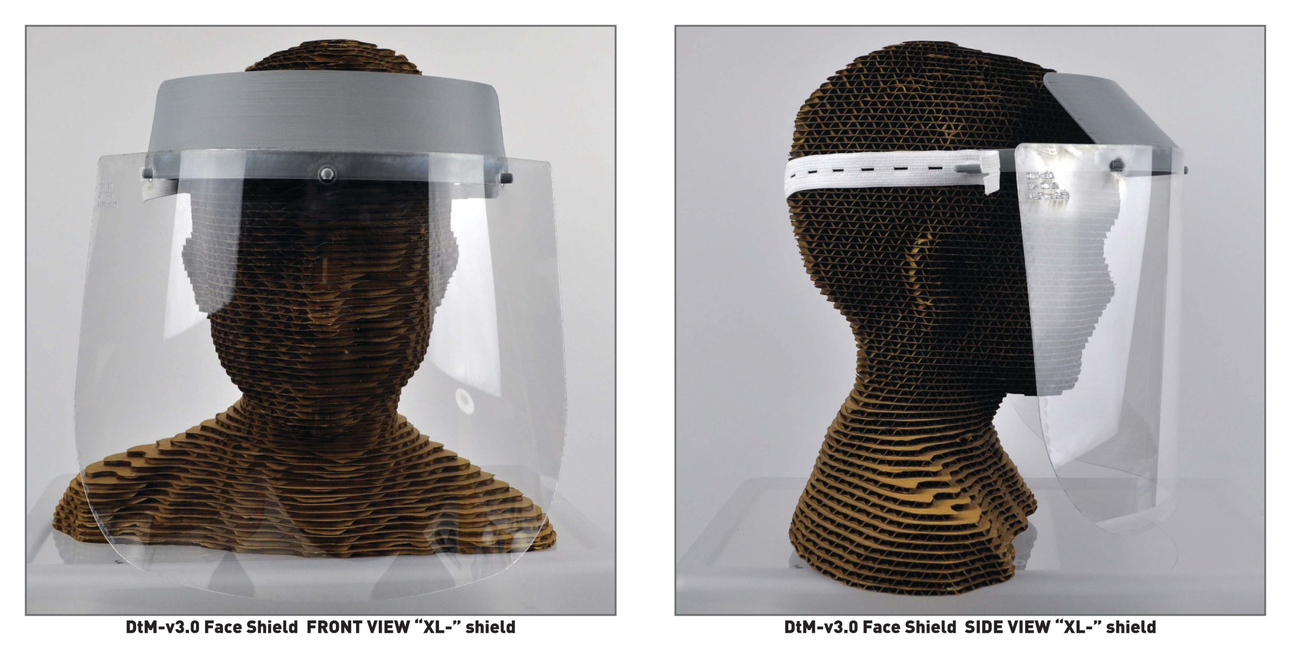Photo of a 3D-printed form of a head seen from the front and in profile. The head wears the Design that Matters face shield, which is a band that wraps around the head to which is attached a clear sheet of plastic that extends from the user's forehead to the top of the collarbone.