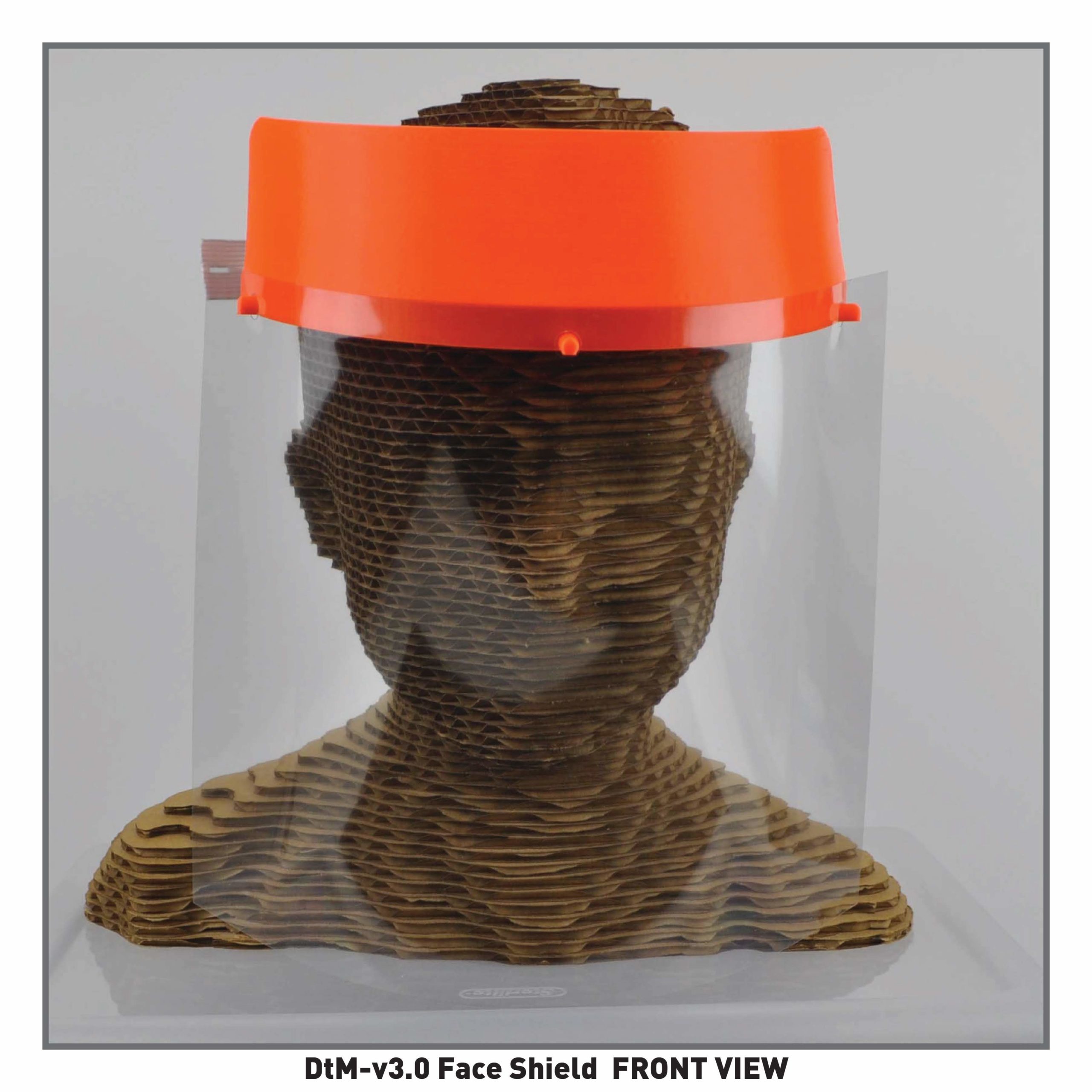 A mannequin head wears a face shield with a large orange headband connected to a curved clear piece of plastic that extends from the forehead to below the collar bone. The image is captioned dtm version 3.0 face shield front view.