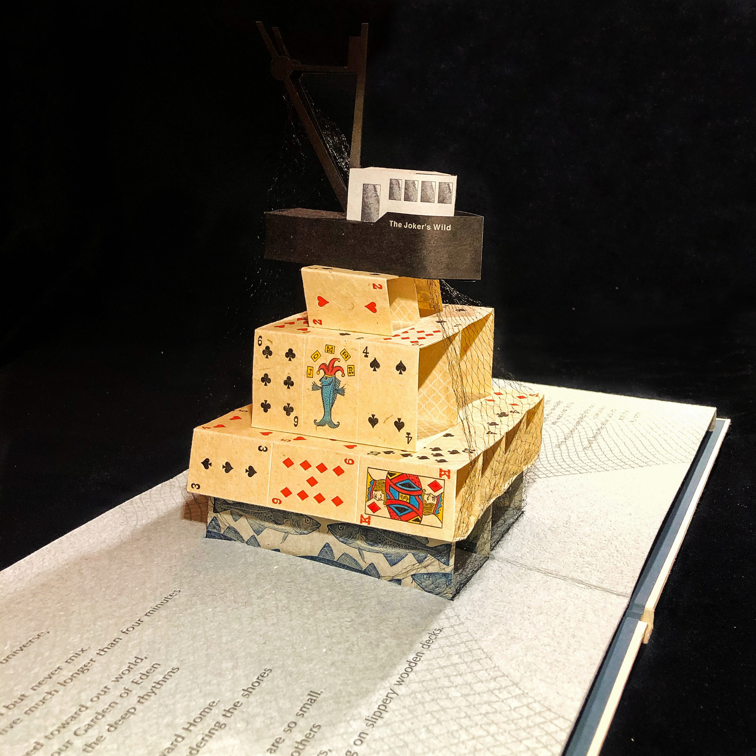 Image features a book opened to a pop-up paper construction of a black and white fishing trawler balanced on a house of cards decorated with playing card suits and a fish-as-joker motif, and images of fishes, all resting on a page spread printed with the netting and the poem "House of Cods."