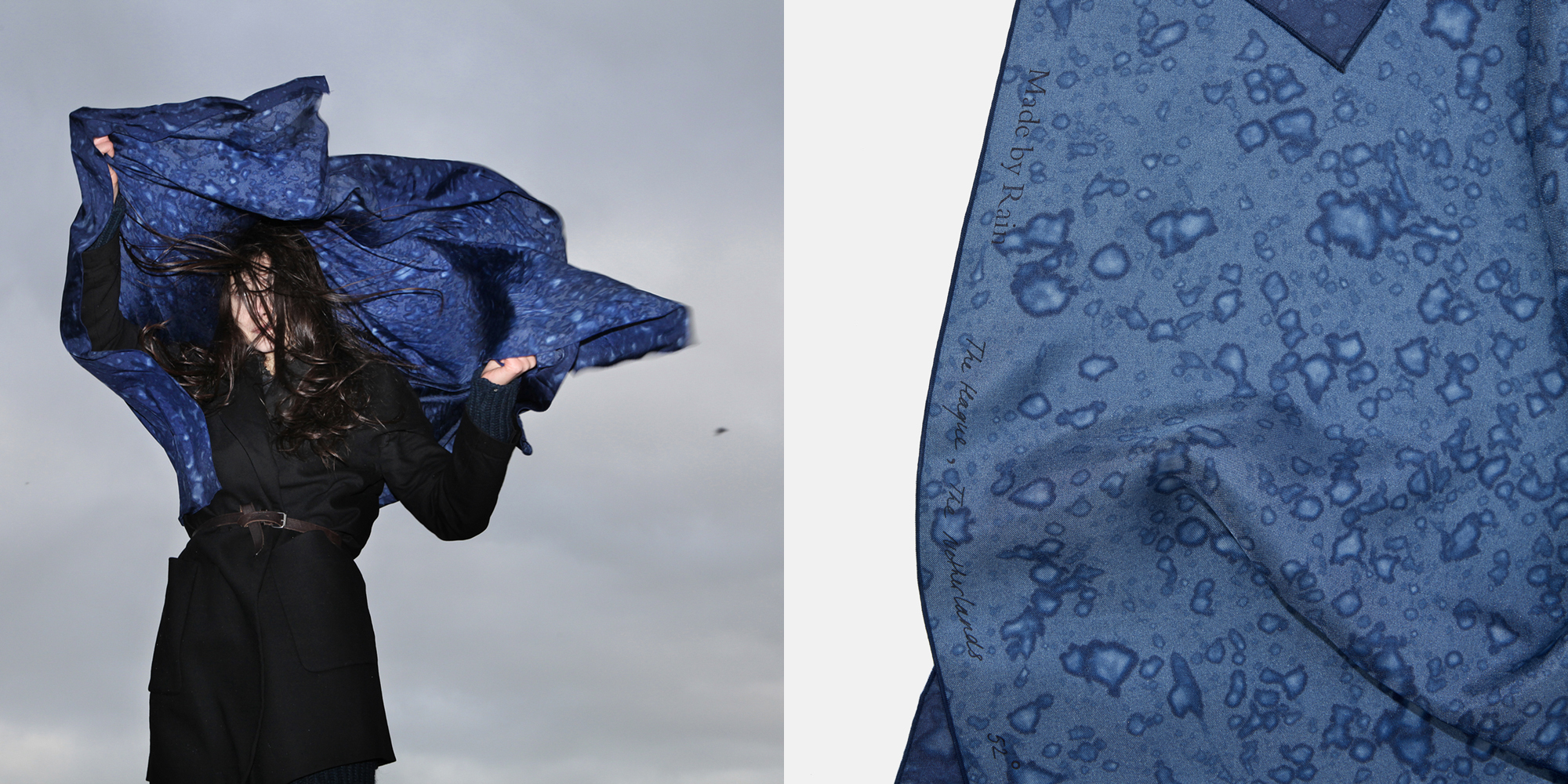 Diptcyh. On the left, a model whose long dark hair obscures her face lifts above her head a navy blue scarf speckled with an irregular pattern created by raindrops. The sky behind her is gray and stormy. On the right is a detail view of the scarf. Its blue surface is lighter where raindrops have touched it, and the selvedge contains the handwritten inscription, The Hague, The Netherlands.