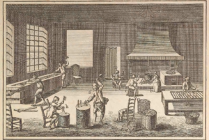 Illustration of people constructing horn objects