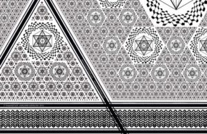 An ornate black and white pattern featuring tessellating six-pointed stars within hexagons