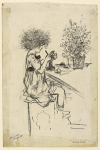 Image features a young girl sitting at a table with a tool in her hand, modeling a figurine in clay. She faces right, in profile. A potted plant or flower arrangement is on the table, at right. Please scroll down to read the blog post about this object.