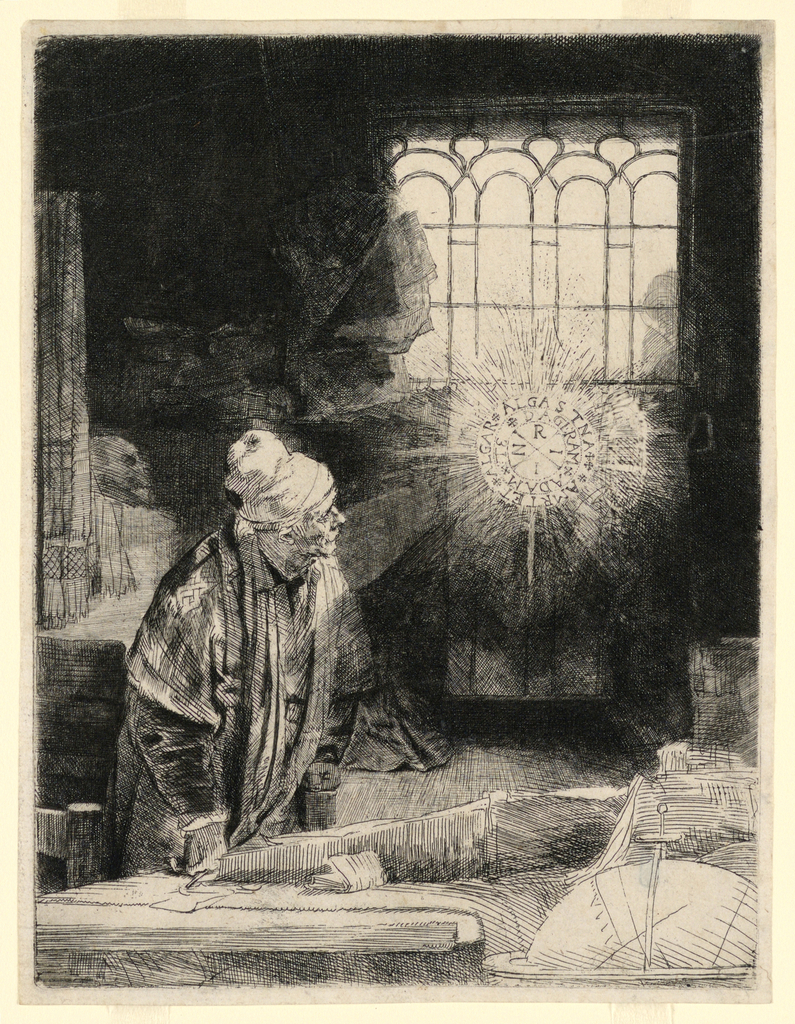 A print etched on off-white laid paper of a turban and robed Faust, watching a shining and hovering magic disc