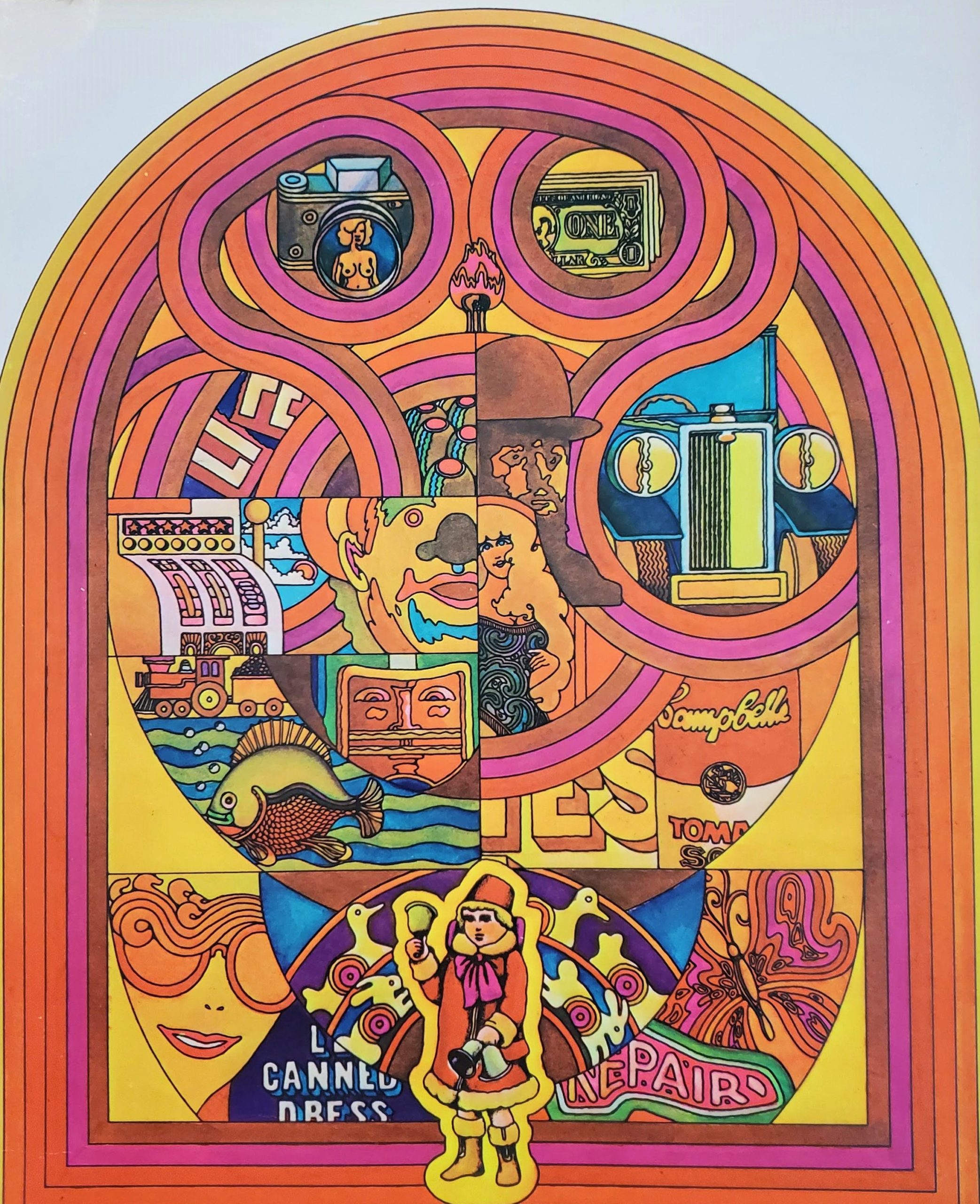 This image features a book page showing illustrations and vignettes of characters, and objects in vibrant Day-Glo colors. Please scroll down to read the blog post about this object.