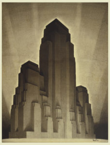A black crayon drawing in shades ranging from white, brown, black, and gray of an stylized Art Deco, smooth lines and geometric shapes, New York City building study.