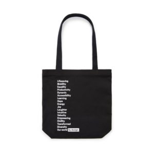 A black tote with white lettering