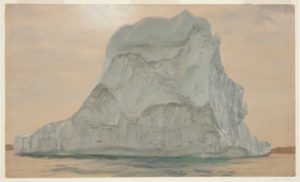 Painting of a handsome iceberg rising above the sea against a luminous champagne-colored sky