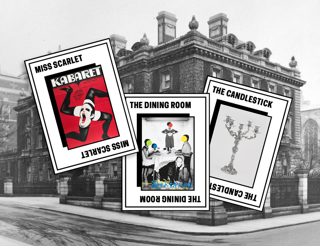 Three tiles with object images in front of a black and white photograph of the Carnegie Mansion: read “Miss Scarlett” a red image with legs spinning; “the dining room” a photo scene of people at a dinner table; and “the candlestick” a silver candelabra