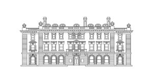 Black and white line drawing of the Carnegie Mansion