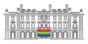Line drawing of the Carnegie Mansion with the rainbow Pride flag draped over the entrance