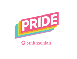 Logo lockup. Pride at Smithsonian. Logo is composed of vibrant hues of magenta, purple, teal, orange, and chartreuse