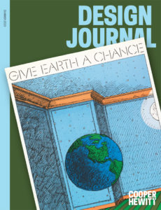 A vertical magazine cover with the words "Design Journal" in light blue stacked in the upper right corner. Superimposed diagonally on the cover's green background is a poster. The poster pictures an illustration of a blue room with Earth floating in it. Above this illustration are the words "Give Earth a Chance."