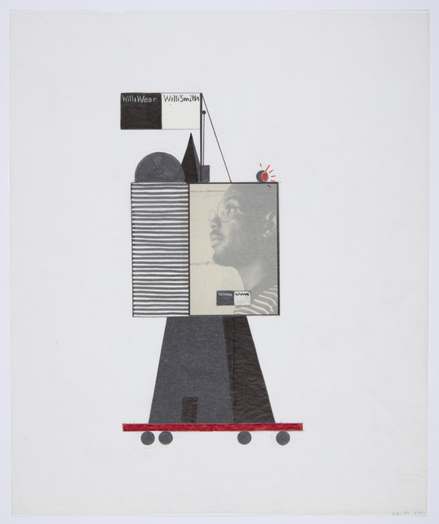 Image features a design drawing for a retail kiosk, consisting of a red platform with wheels supporting a black pyramid surmounted by a rectangle with a photograph of fashion designer Willi Smith in profile. A rectangular, black and white banner, proclaiming “WilliWear/WilliSmith” is on a pole at the top. Please scroll down to read the blog post about this object.
