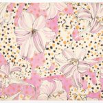 Drawn, watercolor textile design consisting of white and pastel pink striped flowers with honey-colored centers, and orange and black spotted cheetahs against a blush pink background with terracotta orange spots.