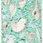 Watercolor and ink textile design on white paper, with a mix of large white shells finely outlined in black against a seafoam green background swirling with currents of various pale blue tropical fishes.