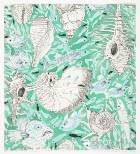 Watercolor and ink textile design on white paper, with a mix of large white shells finely outlined in black against a seafoam green background swirling with currents of various pale blue tropical fishes.