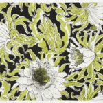 Floral textile design with large white flowers blooming amid curling yellow-green watercolored foliage, with fine black outlines and a black inked background