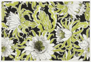 Floral textile design with large white flowers blooming amid curling yellow-green watercolored foliage, with fine black outlines and a black inked background