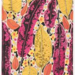 Drawn textile design composed of magenta-pink, canary-yellow and terracotta-orange leaves of varying sizes surrounded by small, daisy-like flowers against a black ground.