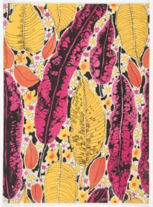 Drawn textile design composed of magenta-pink, canary-yellow and terracotta-orange leaves of varying sizes surrounded by small, daisy-like flowers against a black ground.