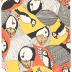 Patchwork-style design of differently-sized black and white puffin heads and bodies. The red-orange and yellow colors of their triangular beaks repeat as solid color background patches, mixed with black and grey patterned patches.