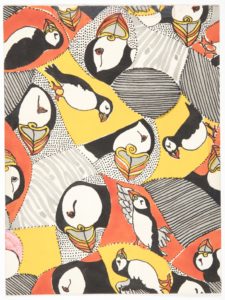 Patchwork-style design of differently-sized black and white puffin heads and bodies. The red-orange and yellow colors of their triangular beaks repeat as solid color background patches, mixed with black and grey patterned patches.
