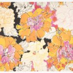 Watercolor textile design with full yellow-orange and pink blossoms outlined in black, alternating with cream flowers outlined in the same colors. Black-outlined leaves, colorful small florals, and black patches fill in the design.
