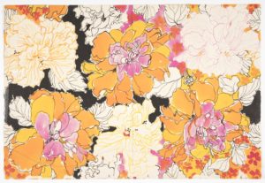 Watercolor textile design with full yellow-orange and pink blossoms outlined in black, alternating with cream flowers outlined in the same colors. Black-outlined leaves, colorful small florals, and black patches fill in the design.