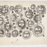 Black ink textile design of closely-grouped suns with expressive human faces, oriented up and down and in a variety of sizes