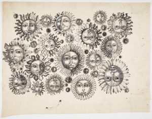 Black ink textile design of closely-grouped suns with expressive human faces, oriented up and down and in a variety of sizes