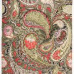 Watercolor and ink textile design of a swirling, complex floral paisley pattern in red, olive greens, and pale pink, with black outlines