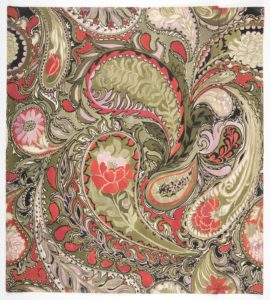Watercolor and ink textile design of a swirling, complex floral paisley pattern in red, olive greens, and pale pink, with black outlines