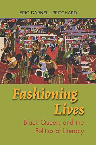 Book cover of Fashioning Lives: Black Queers and the Politics of Literacy. In the center of this olive green book cover is a painting that shows many African American figures gathered in a library.