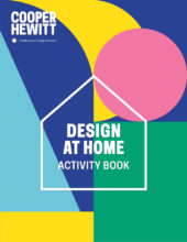 A book cover with a collage of shapes in blue, yellow, pink, and green. A central white outline with five sides in the shape of a house contains the book's title "Design at Home Activity Book."