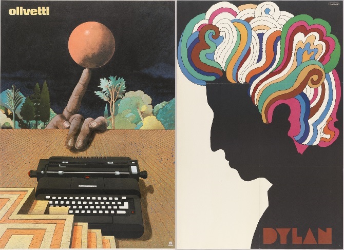 Left: Poster, Dylan, 1966; Designed by Milton Glaser (American, 1929–2020) for Columbia Records; Offset lithograph on paper; Gift of Richard Kusack, 2007-24-1; Right: Olivetti, 1977; Right: Milton Glaser (American, 1929–2020) for C. Olivetti & C. S.p.A; Offset lithograph on paper; Gift of Milton Glaser, 1979-42-6