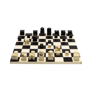 Bauhaus-inspired chess set. Each piece is designed to reflect the movement of the piece.