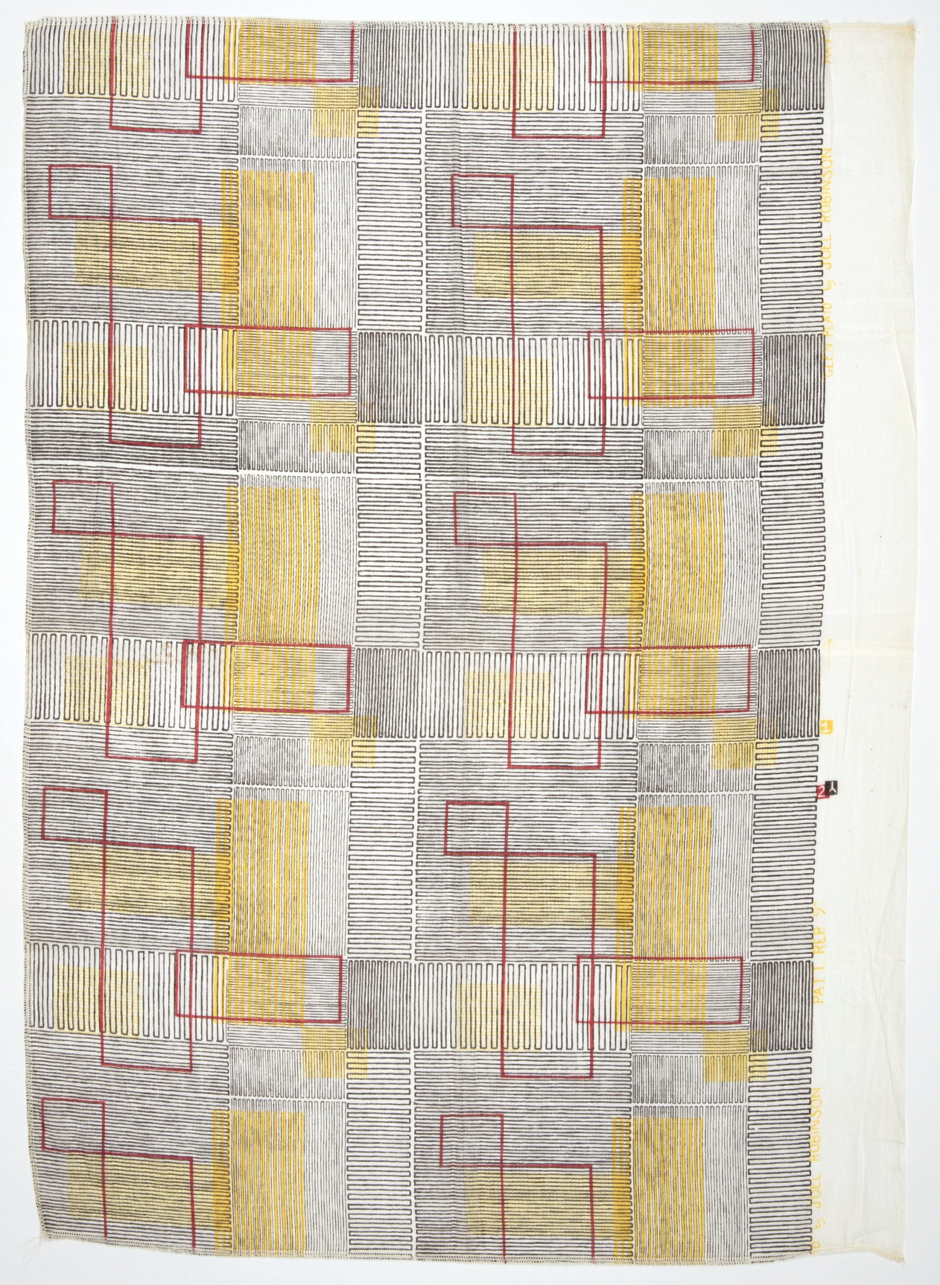 Image features: Dense configuration of dark brown lines has overlapping yellow and red lines creating rectangular groupings on a white ground. Please scroll down to read the blog post about this object.