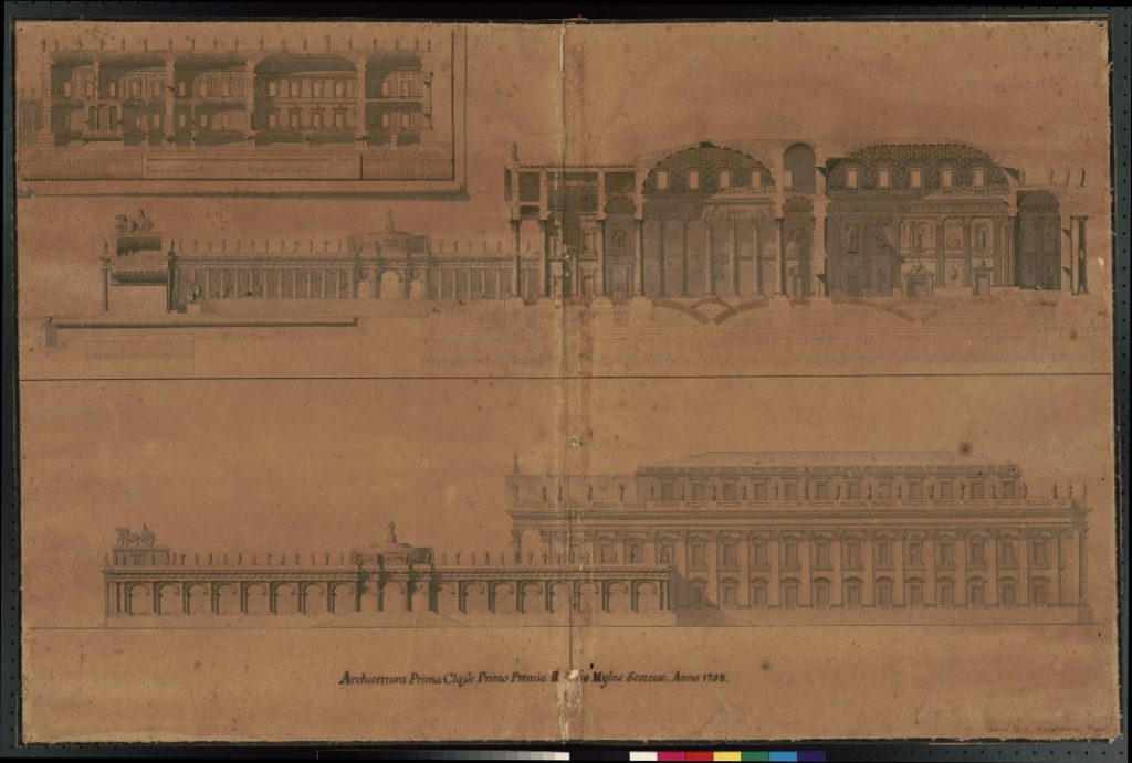 Image features architectural sections of a grand building