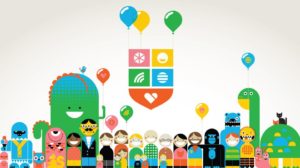 A cheerful, brightly-colored graphic of a mixed row of simplified, rounded, smiling characters including people, plants, animals, and monsters/creatures, standing below a shield held aloft by balloons against white background. The image is rendered in bright assorted colors including blue, green, yellow, red, pink and black. The figures are oriented horizontally facing outward, and the shield above is composed of five, white emoji-like icons including a pie, a smiling face, a rainbow, the globe and a heart.