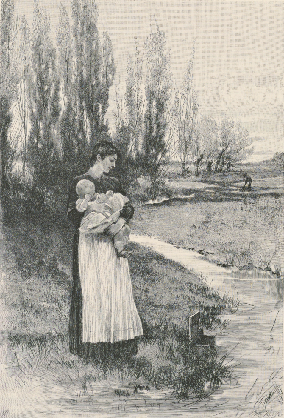 Image features a woman standing beside an irrigation ditch holding a baby.