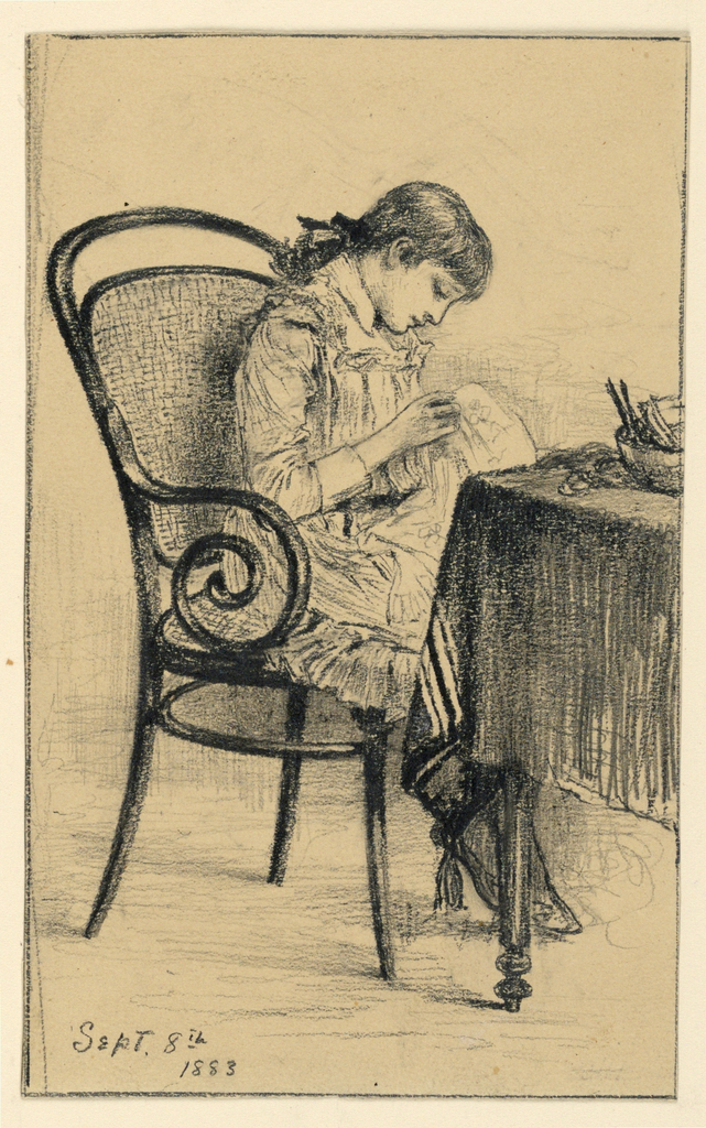 Image features a drawing of a young girl sitting on a bentwood caned chair in front of a table holding and sewing a piece of cloth. Please scroll down to read the blog post about this object.