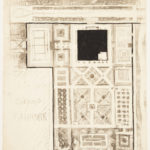 Aerial view drawing of a geometric-patterned garden, in smudgy graphite with black ink accents