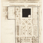 Aerial view drawing of a geometric-patterned garden, in smudgy graphite with black ink accents.