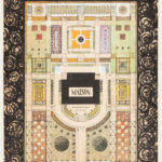 Watercolored ink drawing on beige paper of an aerial plan for formal, symmetrical gardens surrounding a house.