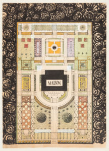 Watercolored ink drawing on beige paper of an aerial plan for formal, symmetrical gardens surrounding a house