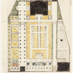 Ground plan drawing for a formal garden surrounding a house, in black ink with yellow watercolor on cream-colored tracing paper