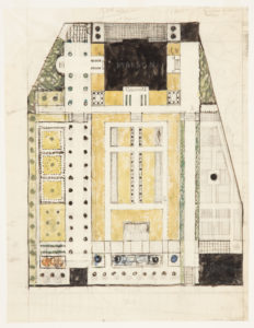 Ground plan drawing for a formal garden surrounding a house, in black ink with yellow watercolor on cream-colored tracing paper